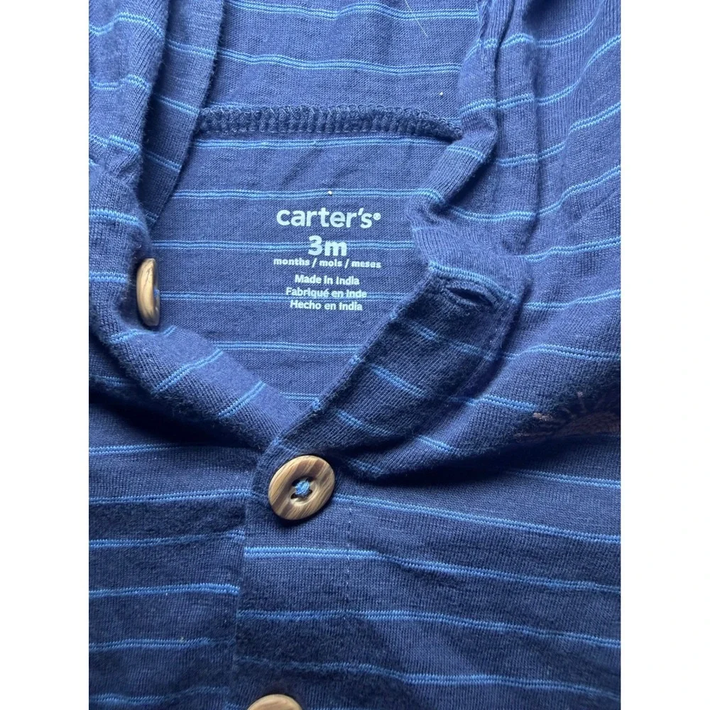 Carter's 2 Piece Outfit Baby Boy 3M Blue Striped Hooded Pants Set Sun Embroidery